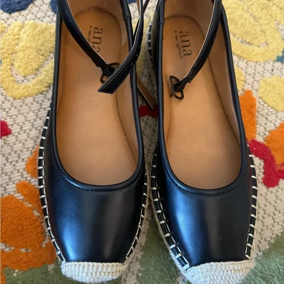a.n.a Black and Tan Ballet Espadrille Flats with Ankle Strap, Jute Soles - Picture 4 of 7